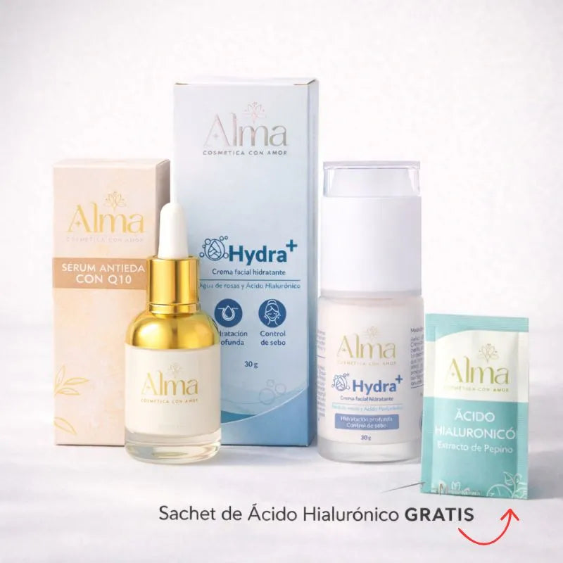 Kitduo Serum Q10 + Crema Hydra. Incluye 1 Sachet GRATIS de Acido Hialuronico
