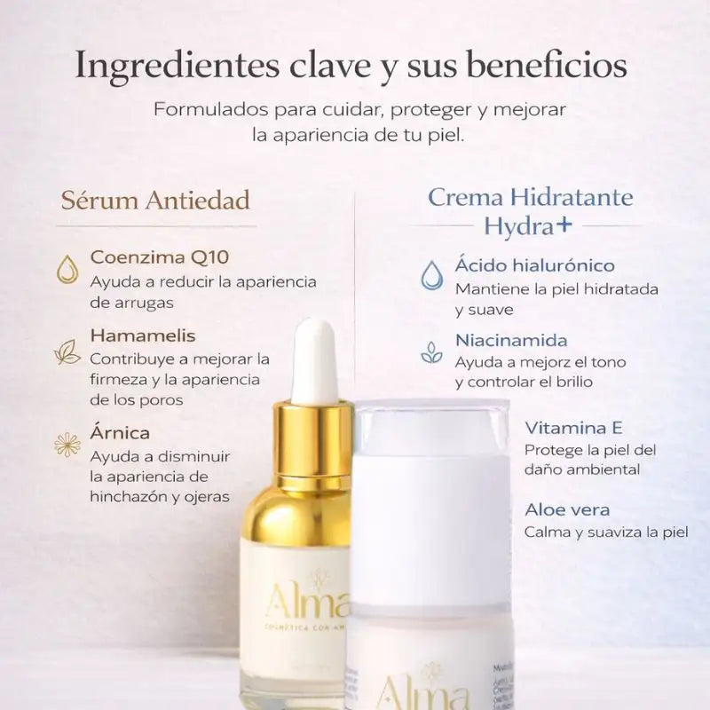 Kitduo Serum Q10 + Crema Hydra. Incluye 1 Sachet GRATIS de Acido Hialuronico